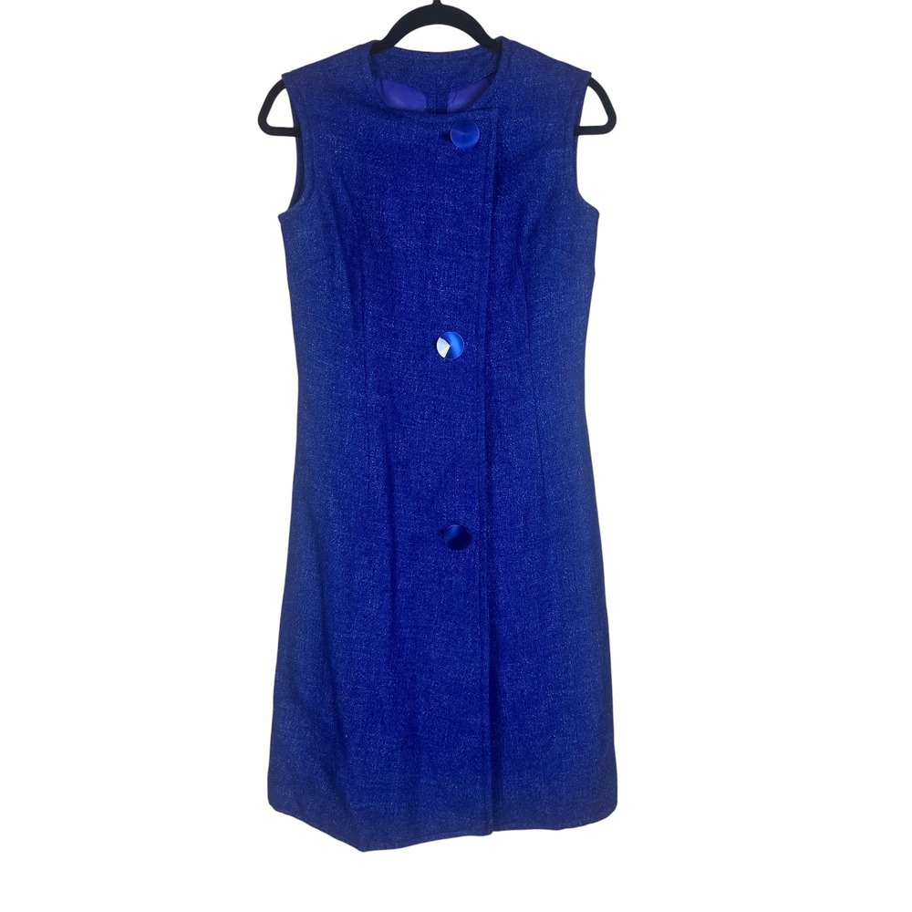 Vintage 60s Handmade Royal Blue Metallic Tinsel Mod Shift Dress Sleeveless Lined